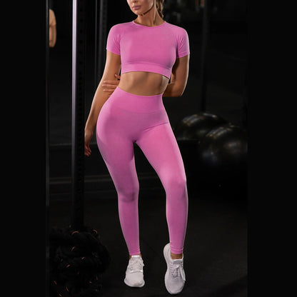 Nahtlose Yoga Sport Set Fitness Frauen laufen Leggings kurze Ärmel Tops